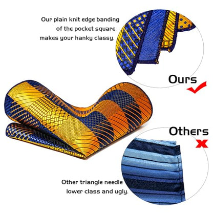 5PCS Mens Silk Tie, Pocket Square, Cufflinks, Drilled Tie Ring and Lapel Pin Set for Wedding Groom Party - color: Gold and Blue Tie Set -70