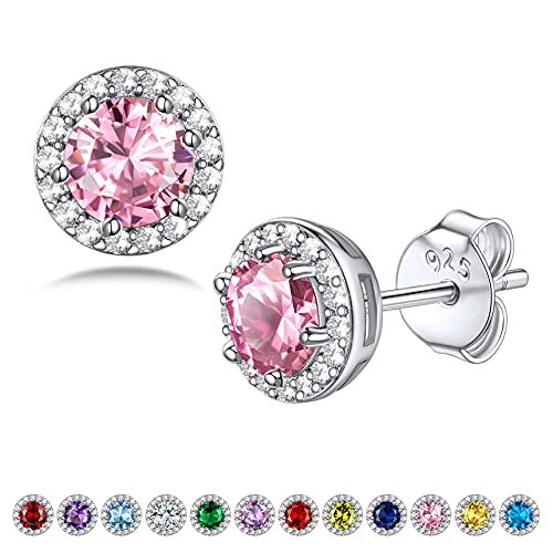Bestyle Sparkling 925 Sterling Silver Birthstone Stud Earrings for Women, Heart/Round/Teardrop/Square Solitaire Diamond Studs Earrings, Great Birthday/Christmas Gifts - style: 10. Pink Tourmaline-Oct.-round