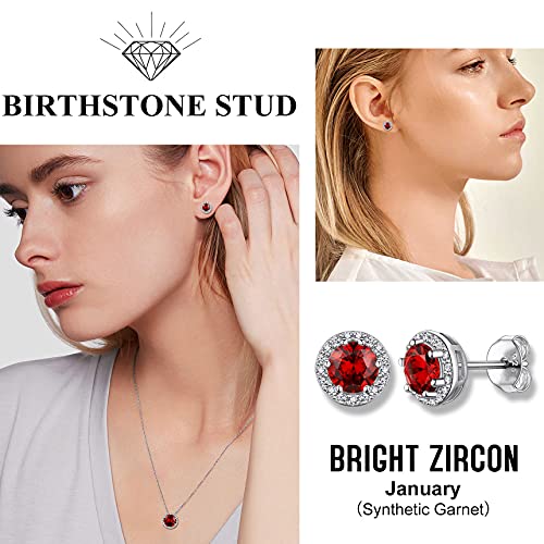 Bestyle Sparkling 925 Sterling Silver Birthstone Stud Earrings for Women, Heart/Round/Teardrop/Square Solitaire Diamond Studs Earrings, Great Birthday/Christmas Gifts - style: 01. Red Garnet-Jan-round