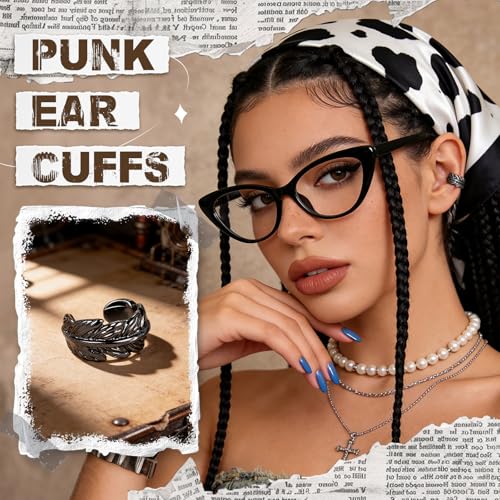 Gothic Stainless Steel Ear Cuffs Non Piercing Cartilage Clip On | Punk Emo Y2k Alt Goth Style,Men Women,Silver Fake Earring,Hypoallergenic Adjustable,Jewelry Gift,Edgy design - color: L3-Black Leaf Design