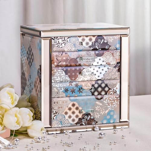 High End Glass Jewelry Box for Women, 5 Layer, Geometric Floral | Large Jewelry Organizer with 2 Side Doors & Mirror, Velvet-Lined Storage, For Rings Necklaces Earrings Watches, Gift for her - color: Geometric Floral, size: 5 Layer(7.4"D x 10.2"W x 11.3"H