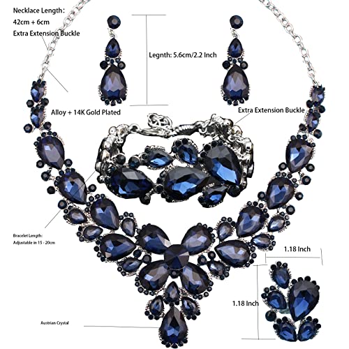 Women's Wedding Bridal Austrian Crystal Glass Teardrop Statement Necklace Dangle Earrings Bracelet Ring Wedding Party Jewelry Set for Bridal Bridesmaid - color: Blue-Platinum Plated