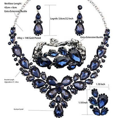 Women's Wedding Bridal Austrian Crystal Glass Teardrop Statement Necklace Dangle Earrings Bracelet Ring Wedding Party Jewelry Set for Bridal Bridesmaid - color: Blue-Platinum Plated