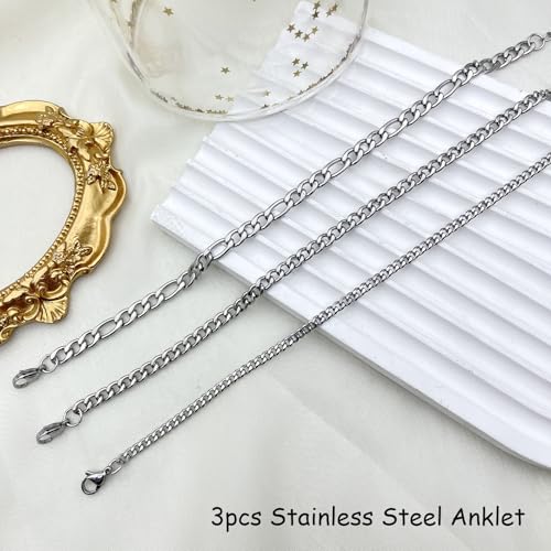 Silver Ankle Bracelets for Women Waterproof Stainless Steel Anklet Adjustable Layered Cuban Silver Anklets Set Summer Beach Foot Jewelry Gift - color: Cuban chain