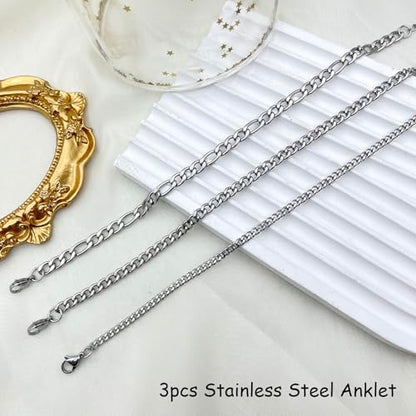 Silver Ankle Bracelets for Women Waterproof Stainless Steel Anklet Adjustable Layered Cuban Silver Anklets Set Summer Beach Foot Jewelry Gift - color: Cuban chain