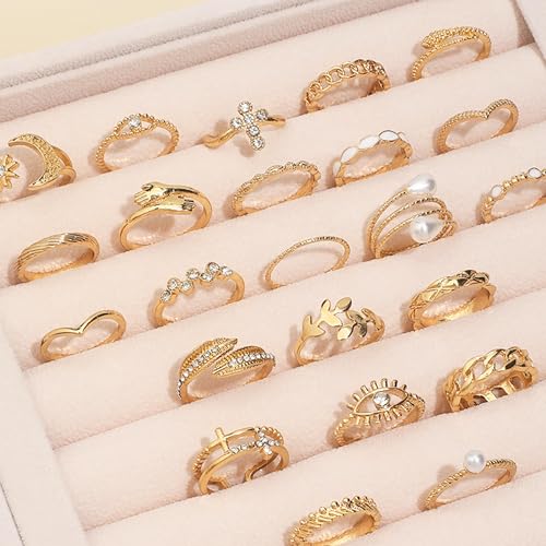 HUASAI Gold Stackable Rings Set for Women Boho Dainty Moon Star Pearl Leaf Cubic Zirconia Heart Midi Pinky Trendy Jewelry Birthday Gifts - color: H Gold 23 Pcs