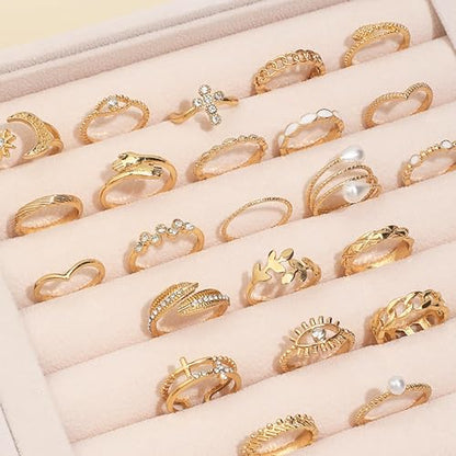 HUASAI Gold Stackable Rings Set for Women Boho Dainty Moon Star Pearl Leaf Cubic Zirconia Heart Midi Pinky Trendy Jewelry Birthday Gifts - color: H Gold 23 Pcs