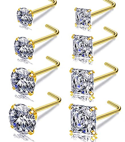 Nose Rings & Studs - 18g, 20g, 22g 14K Gold Bone Nose Studs for Women in Titanium Steel - color: 22g 8pcs Gold L Shaped 316L Surgical Steel