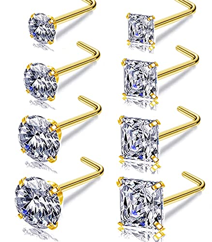 Nose Rings & Studs - 18g, 20g, 22g 14K Gold Bone Nose Studs for Women in Titanium Steel - color: 20g 8pcs Gold L Shaped 316L Surgical Steel