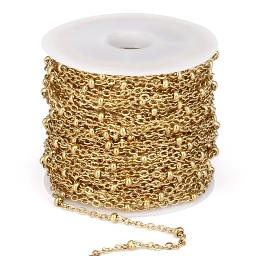 33FT 2mm 18K Gold PVD Plated Satellite Chain Roll Bulk for Jewelry Making | Gold Plated 304 Stainless Steel Ball Beaded Cable Link Chains Spool for DIY Craft - color: Gold Small Beads Satellite Cable Chain