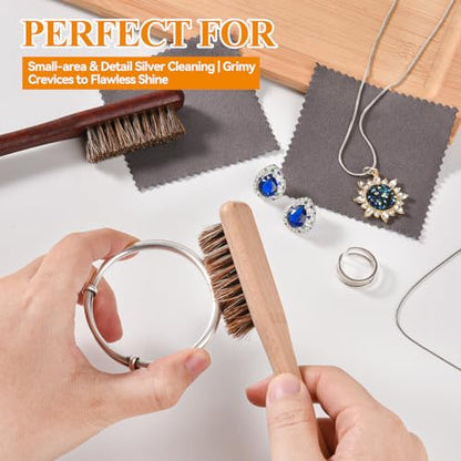 Horsehair Silver Cleaning Brush Set - 2PCS Premium Detailing Brush & Polishing Cloth for Silverware, Jewelry, Plateware & Sterling Silver (Style A)