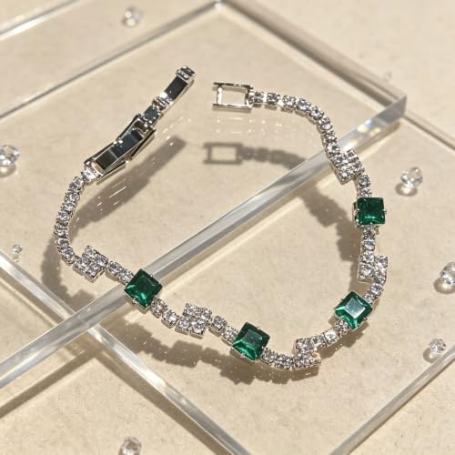 Women's Dainty Pink CZ Tennis Bracelet, 14K Gold Plated Sparkling Cubic Zirconia Chain Bracelet, Delicate Jewelry, Gift for Birthday, Wedding, Anniversary, Suitable for Party, Daily Wear - color: Green