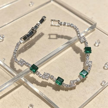 Women's Dainty Pink CZ Tennis Bracelet, 14K Gold Plated Sparkling Cubic Zirconia Chain Bracelet, Delicate Jewelry, Gift for Birthday, Wedding, Anniversary, Suitable for Party, Daily Wear - color: Green