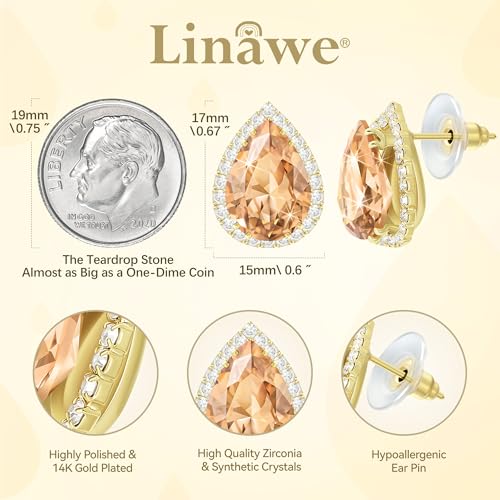 Linawe Women Stud Earrings, Teardrop Diamond Moissanite Cubic Zirconia Earrings Studs Rhinestone Jewelry Gold/Silver/Rose Gold - color: Gold,Champagne