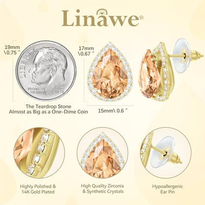 Linawe Women Stud Earrings, Teardrop Diamond Moissanite Cubic Zirconia Earrings Studs Rhinestone Jewelry Gold/Silver/Rose Gold - color: Gold,Champagne