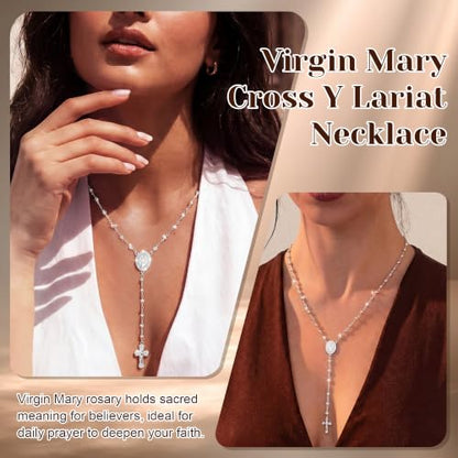 14K Gold/Silver Plated Miraculous Medal Rosary Cross Necklace Women | Miraculous Medal Y-Chain Rosary Necklace, Premium Gift Box, Catholic Milestone Gifts, Daily Faith Wear - style: Silver Style4