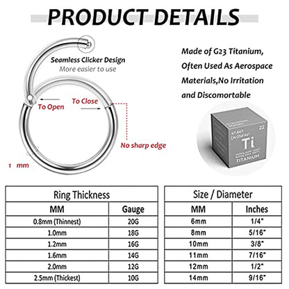 LOYALLOOK 8Pcs G23 Titanium Hinged Clicker Segment Nose Rings Hoop Septum Nose Lip Ring Hoop for Women Men Helix Cartilage Daith Tragus Sleeper Earrings Body Piercing Improved 16G - color: 18G-Silver