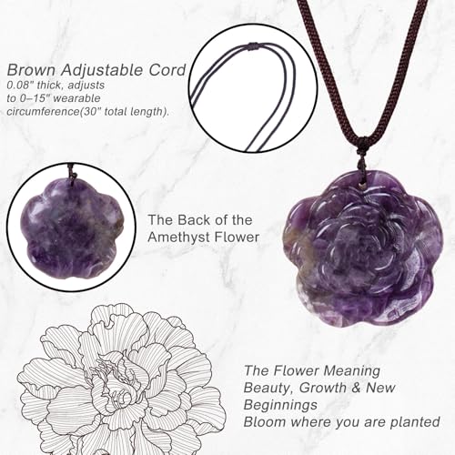 Crystal Flower Pendant Necklace for Women, Hand Carved Sculpted Flower Bloom Charm, Healing Stone Jewelry Gift for Her Mom Girlfriend - color: Purple