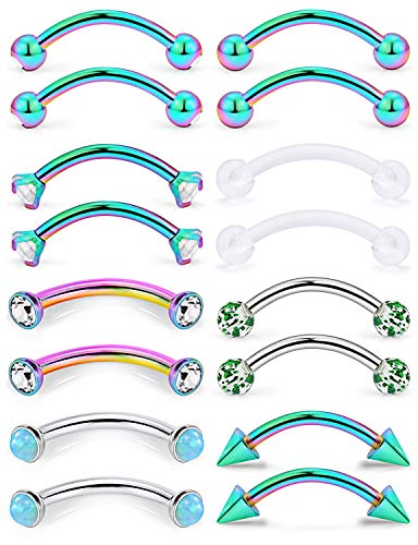 Eyebrow Ring Bar 16G Stainless Steel Curved Barbell Clear Diamond CZ Piercing Body Jewelry Retainer for Women Men 12-16 Pieces - color: 16Pcs-16G-Rainbow