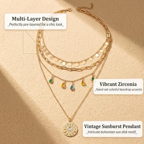 QCWN Gold Layered stacked Necklaces for women 3PS Chunky Statement Necklaces Stack Mixed Metal Charm Necklace for Women Trendy Coin Jewelry Gift for Her Gifts - style: Layered stack 9