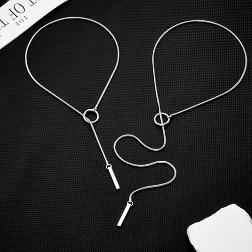 Slip Chain Necklace for Women Gothic Stainless Steel Bar Pendant Cuban Link Necklaces Adjustable Goth O Ring Long Necklaces Punk Rock Collar Choker Trendy Lariat Y Necklace - color: Short chain