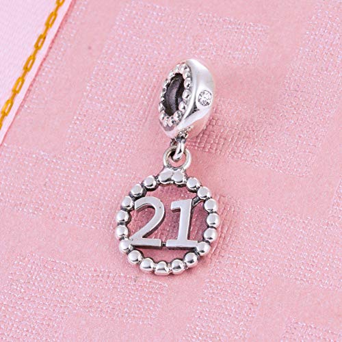 5,10,15,16,17,18,20,21,25,30,35,40,42,49,50,55,60,65,70 Number Charms for European Bracelet, 925 Sterling Silver Birthday Pendant Beads with CZ, Gifts for Mothers Day/Anniversary - color: Number 21 Charm