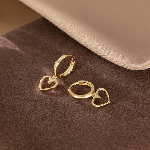 Reffeer Solid 925 Sterling Silver Heart Drop Earrings Hoop for Women Teens Heart Hoop Earrings Huggie Drop Earrings - color: B-Yellow