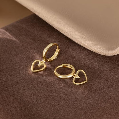 Reffeer Solid 925 Sterling Silver Heart Drop Earrings Hoop for Women Teens Heart Hoop Earrings Huggie Drop Earrings - color: B-Yellow