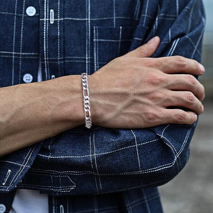 ⅓inch(8mm) White Gold Figaro Chain Bracelets for Men,Luxury Mens Bracelet,High-end Silver Chain Bracelets for Women,Hypoallergenic Durable Stacking Bracelet Gift for Boyfriend,Dad,Grilfriend 7.5-9IN - size: 9IN