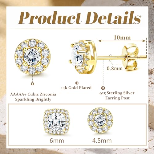 18K Gold Plated Halo Stud Earrings 925 Sterling Silver Cubic Zirconia Stud Earrings Round Square Diamonique Stud Earrings Set for Women Men - color: Gold2