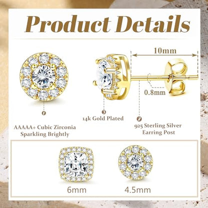 18K Gold Plated Halo Stud Earrings 925 Sterling Silver Cubic Zirconia Stud Earrings Round Square Diamonique Stud Earrings Set for Women Men - color: Gold2
