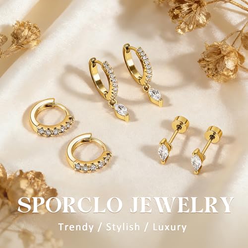 14K Gold Hoop Dangle Stud Earrings Surgical Steel Helix Piercing | Hypoallergenic,Cubic Zirconia,3 Pairs Huggie Hoop Set for Women,Dangle Stud,Cartilage Tragus Conch Earring,Jewelry Gift - color: A1-Gold Marquise Cut CZ