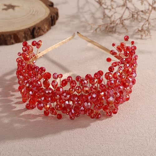 Denifery Large Crystal Headband for Wedding Bridal Hair Band Headpiece for Party Prom Hair Accessories (red) - color: red