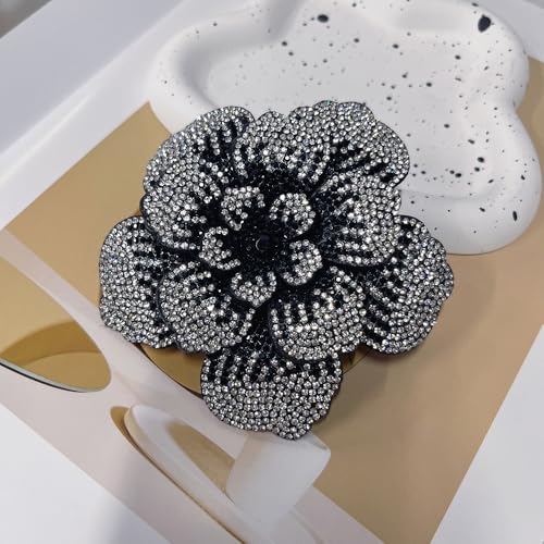 Rhinestone Flower Brooch Pin for Women Men Elegant Sparkly Crystal Camellia Floral Lapel Pins Shawl Dress Suit Clothes Accessories Wedding Party Fashion Jewelry 105mm - color: White Black