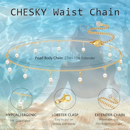 CHESKY 14K Gold Plated Waist Chain for Women, Layered Waist Beads | Silver Plated Gold Body Chains, Beach Summer, Waterproof Snake Belly Belt Chain, Festival Jewelry Accessories for Women - style: pearl-gd