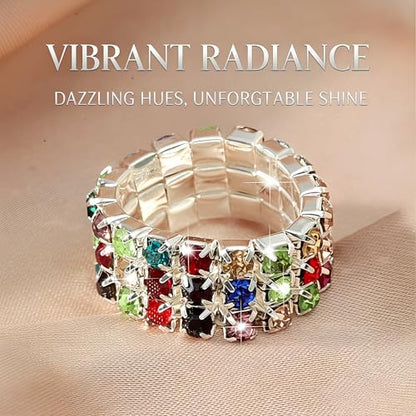 Sparkling Rhinestone Ring Set Trendy Elastic Rhinestone Crystal Stretch Ring Stackable Jewelry for Women Girls - color: 3 Rows Ring-Colorful
