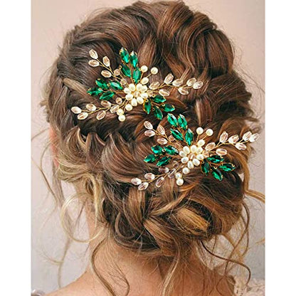 Bridal Emerald Green Crystal Gold Hair Pins Accessories for Prom, Pack of 2 | Fancy Wedding Pearl Green Rhinestone Flower Hair Pieces for Women and Girls