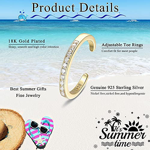 MILACOLATO Toe Rings for Women 925 Sterling Silver Adjustable Toe Ring | Adjustable Open Band Toe Rings, Hypoallergenic Ring for Sensitive Skin, Non Tarnished Waterproof Summer Beach Foot Jewelry - color: Gold-Clear Zircon