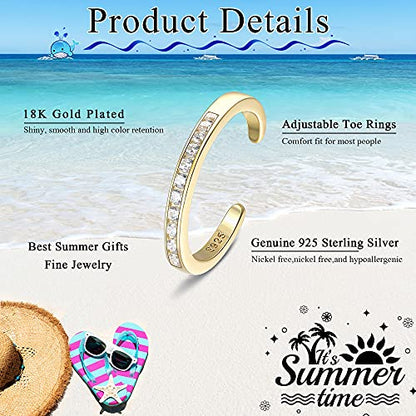 MILACOLATO Toe Rings for Women 925 Sterling Silver Adjustable Toe Ring | Adjustable Open Band Toe Rings, Hypoallergenic Ring for Sensitive Skin, Non Tarnished Waterproof Summer Beach Foot Jewelry - color: Gold-Clear Zircon