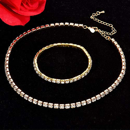 Zealmer 18K Yellow Gold Plated 1-5 Rows Rhinestone Choker Necklace & Stretch Bracelets Set Wedding Jewelry - style: 1 Row
