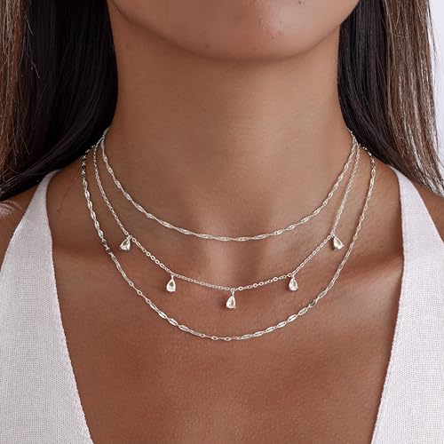 Layered Necklaces for Women, Dainty Gold Necklace Stack 14k Gold Plated Layering CZ Chain Choker Necklaces for Women Trendy Simple Non Tarnish Gold Necklaces Set Fashion Bridal Prom Jewelry - color: set3-silver