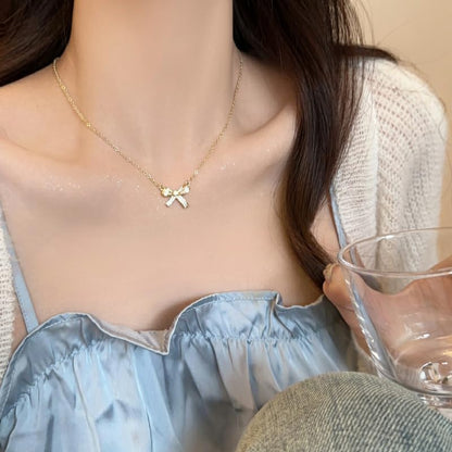 Gold Bow Necklace Bracelet Earrings Set for Women Bowknot Choker Necklace Ribbon Stud Earrings Silver Bow Bracelet Christmas Holiday Jewelry - color: Gold-1