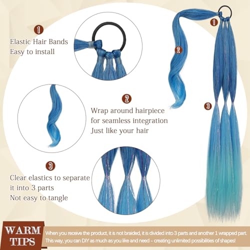 Long Braid Ponytail Extension with Hair Tie Straight Sleek Wrap Around Hair Extensions Braid Pony Tail Fluffy Natural Synthetic Hairpieces for Women Daily Wear,26 inch-Blue to Turquoise Ombre - color: Blue to Turquoise Ombre, size: 26 Inch (Pack of 1)