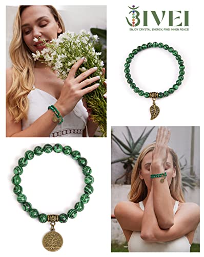Bivei Natural Semi Precious Gemstone beads bracelet for women - Life Tree and Leaf Charm Energy Reiki Crystal Stretch Bracelets - color: Malachite Bracelet Set, size: Medium:6.8-7.24inch