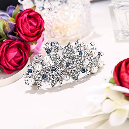 EVER FAITH Austrian Crystal Bridal Hibiscus Cream Simulated Pearl Hair Clip Barrette Blue Silver-Tone - color: Blue