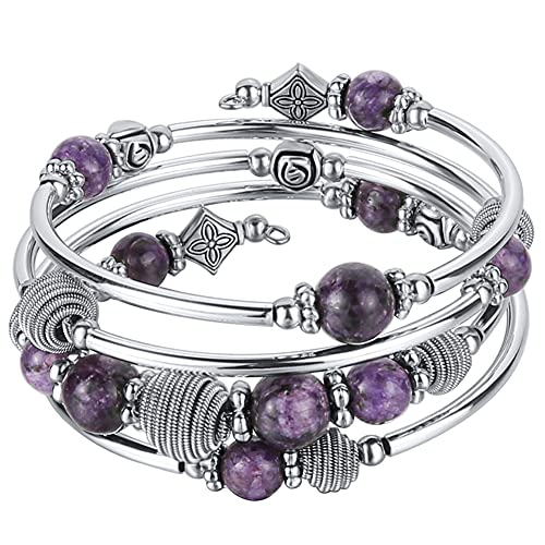 PEARL&CLUB Beaded Chakra Bangle Turquoise Bracelet - Fashion Jewelry Wrap Bracelet with Thick Silver Metal and Mala Beads, Birthday Gifts For Women - color: Purple