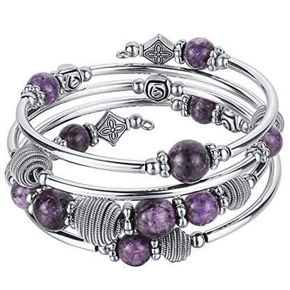 PEARL&CLUB Beaded Chakra Bangle Turquoise Bracelet - Fashion Jewelry Wrap Bracelet with Thick Silver Metal and Mala Beads, Birthday Gifts For Women - color: Purple