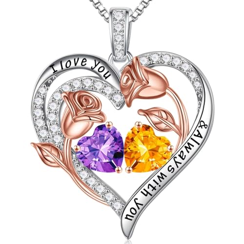 Iefil Birthstone Necklace for Women - Rose Heart Necklace | 925 Sterling Silver, Gift Box Packaging, Anniversary Birthday Gifts for Wife Mom Daughter - color: 02-11-Feb-Nov Birthstone