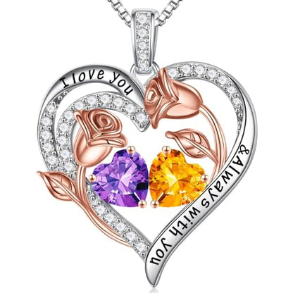 Iefil Birthstone Necklace for Women - Rose Heart Necklace | 925 Sterling Silver, Gift Box Packaging, Anniversary Birthday Gifts for Wife Mom Daughter - color: 02-11-Feb-Nov Birthstone
