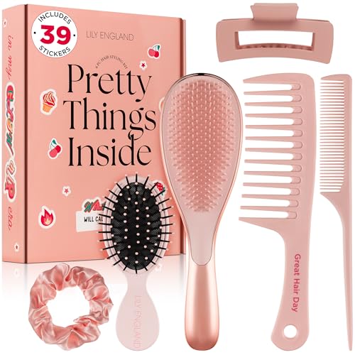 Lily England Hair Brush Set for Girls with Comb, Claw Clip & Stickers
